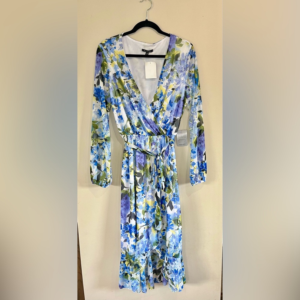 Marina FLORAL LONG SLEEVE FAUX WRAP DRESS‎ Blue Green Chiffon Size 14 Midi NWT